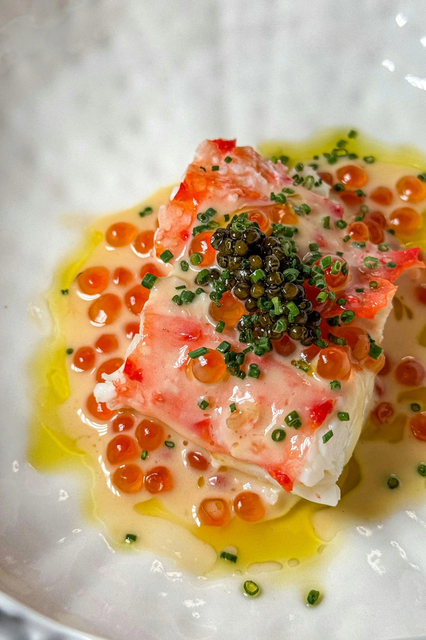 Lobster with caviar and salmon roe drizzled with Antonio el Malagués Extra Virgin Olive Oil